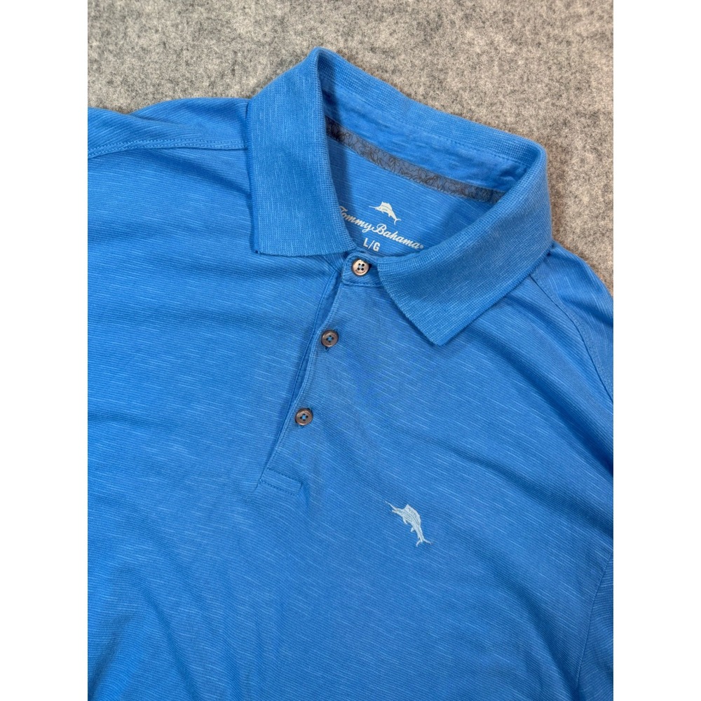 Tommy Bahama Mens Blue Slub Knit Polo Shirt Large Short Sleeve Marlin Logo